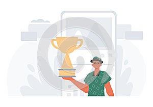 The Earth holds the achiever 's cup in his domesticate embrace . achiever concept. Trendy style, Vector Illustration photo