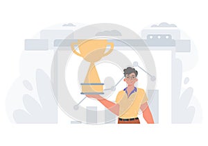 The Earth holds the achiever 's cup in his domesticate twist . achiever concept. Trendy style, Vector Illustration photo