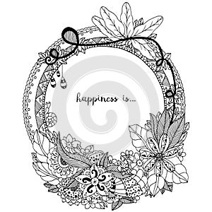 Vector illustration Zen Tangle, doodle round frame with flowers, mandala. Coloring book anti stress for adults. Black white.