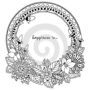 Vector illustration Zen Tangle, doodle round frame with flowers, mandala. Coloring book anti stress for adults. Black white.