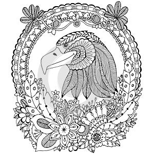 Vector illustration Zen Tangle eagle round frame floral. Doodle flower. Coloring book anti stress for adults. Black white.