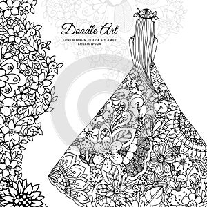 Vector illustration Zen Tangle girl in a floral dress. Doodle flowers, tree. Coloring book antis stress for adults