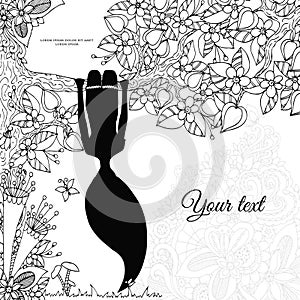 Vector illustration Zen Tangle, girl hangs on a tree upside down. Doodle floral frame.