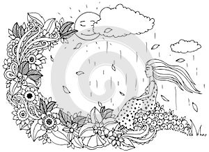 Vector illustration Zen Tangle, girl sitting on apples, is rain. Doodle flowers.