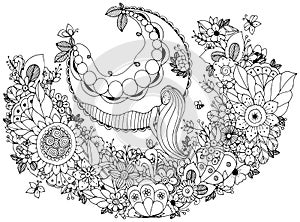 Vector illustration Zen Tangle girl on a swing in the flowers. Coloring book anti stress for adults. Coloring page.