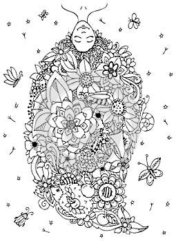 Vector illustration Zen Tangle girl upside down with flowers in her head. Doodle drawing. Coloring book anti stress for