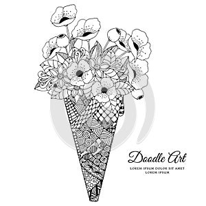 Vector illustration Zen Tangle, ice cream with poppies. Doodle drawing. Coloring book anti stress for adults. Black