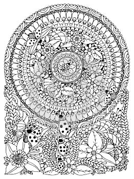 Vector illustration Zen Tangle ladybug in a flower. Manali, doodle, circle. Coloring book anti stress for adults. Black white.