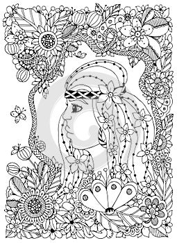 Vector illustration Zen Tangle portrait of a woman in a flower frame.