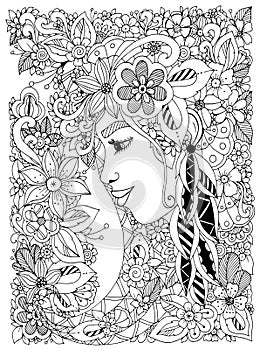 Vector illustration Zen Tangle portrait of a woman in a flower frame. photo