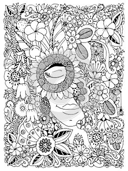 Vector illustration Zen Tangle portrait of a woman in a flower frame. Doodle flowers, forest, garden. Coloring book anti stress