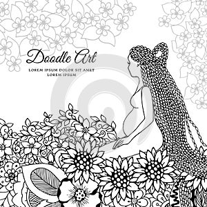 Vector illustration Zen Tangle, a pregnant woman sitting in flowers.