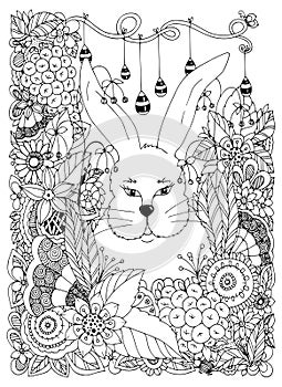 Vector illustration Zen Tangle rabbit in the flowers. Doodle Art. Coloring book anti stress for adults. Black white.