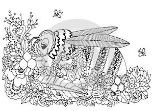 Vector illustration Zen Tangle, wasp and flowers. Doodle drawing. Coloring book anti stress for adults. Black white.