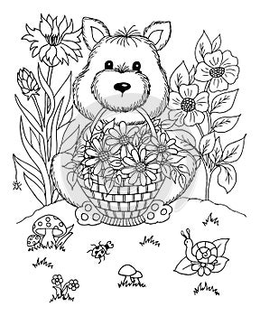 Vector illustration zentangl boy in the flowers on his lap rabbit. Doodle drawing. Coloring book anti stress for adults. Meditativ