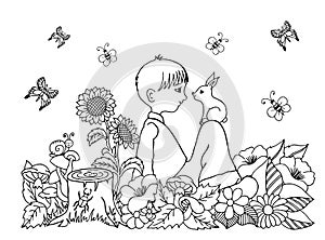 Vector illustration zentangl boy in the flowers on his lap rabbit. Doodle drawing. Coloring book anti stress for adults. Meditativ photo