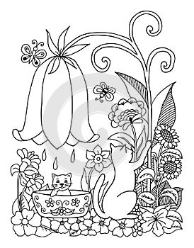 Vector illustration zentangl a cat bathes the a kitten on nature. Doodle drawing. Meditative exercises. Coloring book anti stress photo