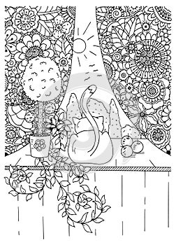 Vector illustration zentangl cat and curtains. Flower frame. Doodle drawing. Meditative exercises. Coloring book anti