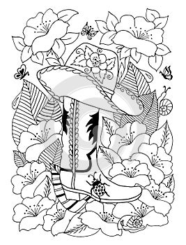 Vector illustration zentangl cowboy hat and of boots among the flowers. Doodle drawing. Meditative exercises. Coloring book anti s photo