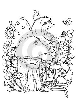 Vector illustration zentangl. Doodle hedgehog Coloring page Anti stress for adults. Black white.