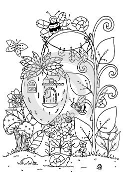 Vector illustration zentangl. Doodle house of strawberries and a bee. Coloring page Anti stress for adults. Black white.