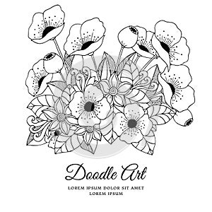 Vector illustration zentangl flowers poppies. Doodle drawing. Coloring book anti stress for adults. Black white.