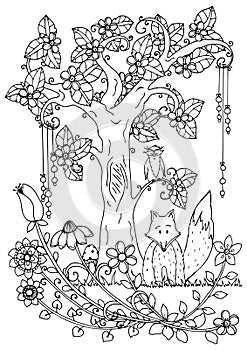 Vector illustration zentangl, fox and wood. Doodle drawing pen. Coloring page for adult anti-stress. Black white.