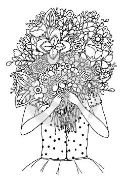 Vector illustration zentangl, a girl and bouquet of flowers. Doodle drawing. Meditative exercises. Coloring book anti photo