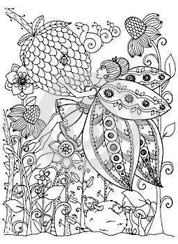 Vector illustration zentangl girl butterfly in the flowers. Doodle drawing. Coloring page Anti stress for adults and photo