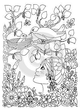 Vector illustration zentangl girl child with freckles looks at the bird nest. Doodle flowers, frame, wood. Coloring book photo