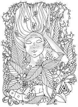 Vector illustration zentangl girl child with freckles is sleeping with cats in the flowers. photo