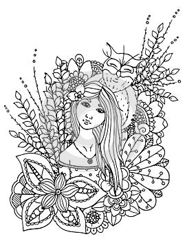 Vector illustration zentangl girl drowned in flowers. Doodle drawing. Meditative exercise. Coloring book anti stress for photo