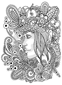 Vector illustration zentangl girl in the floral frame. Doodle drawing. Meditative exercise. Coloring book anti stress