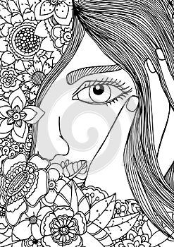 Vector illustration zentangl girl in the floral frame. Doodle drawing. Meditative exercise. photo