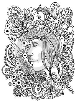Vector illustration zentangl girl in the floral frame. Doodle drawing. Meditative exercise. Coloring book anti stress photo