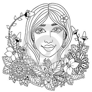 Vector illustration zentangl girl with flowers in her hair. Doodle drawing. Meditative exercise. Coloring book anti