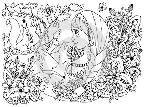 Vector illustration zentangl girl with freckles looking at the squirrel, sleeping face in the flowers. Cartoon, child