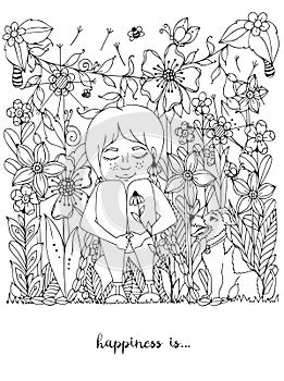 Vector illustration zentangl girl with freckles sitting in the flowers on the grass with a dog fox terrier. Doodle photo