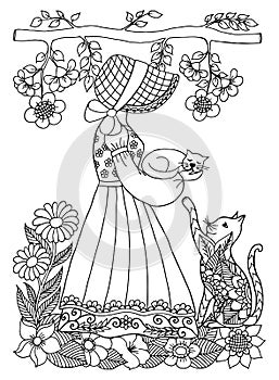 Vector illustration zentangl girl with a kitten on arms or hand in the flowers. A cat asks for hands of. Doodle drawing. Coloring