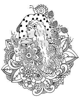 Vector illustration zentangl girl and mushroom in the flowers. Doodle drawing. Meditative exercises. Coloring book anti