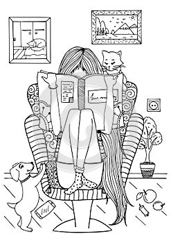 Vector illustration zentangl girl sitting in a chair reading a book. Doodle drawing.