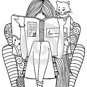 Vector illustration zentangl girl sitting in a chair reading a book. Doodle drawing. photo