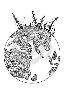 Vector illustration zentangl, globe in flowers. Pair of lovers. Doodle drawing pen. Coloring page for adult anti-stress