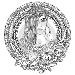 Vector illustration zentangl, mulatto woman with braids African in the floral round frame. Doodle. Coloring book anti photo