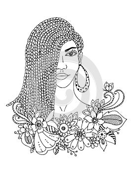 Vector illustration zentangl portrait African American woman, mulatto, Negro. Doodle floral frame, braids, coloring book