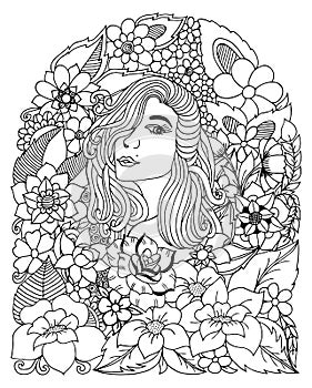 Vector illustration zentangl, portrait of a girl among the flowers. Coloring book anti stress for adults. Black white.