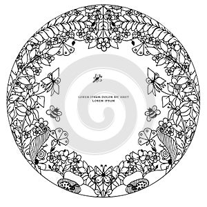 Vector illustration zentangl round floral frame, symmetry. Doodle flowers, bee, butterfly zenart, dudling. Coloring for
