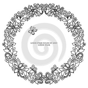 Vector illustration zentangl round floral frame, symmetry. Doodle flowers, bee, butterfly zenart, dudling. Coloring for photo