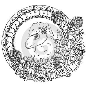 Vector illustration zentangl, sheep in the round frame with flowers and floral. Doodle drawing. Coloring book anti