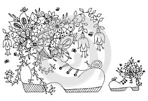 Vector illustration zentangl shoe with flowers. Doodles Art spring flowering, summer, butterfly, laces. Coloring book